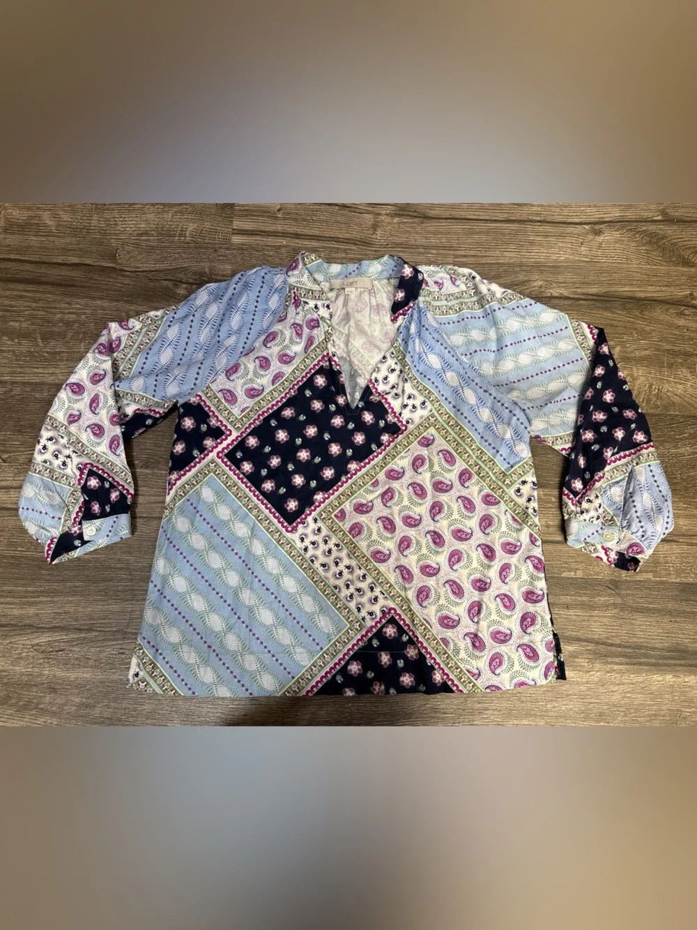 LOFT XS Patchwork Paisley Button Down Blouse Boho Chic Long Sleeve - Picture 1 of 3